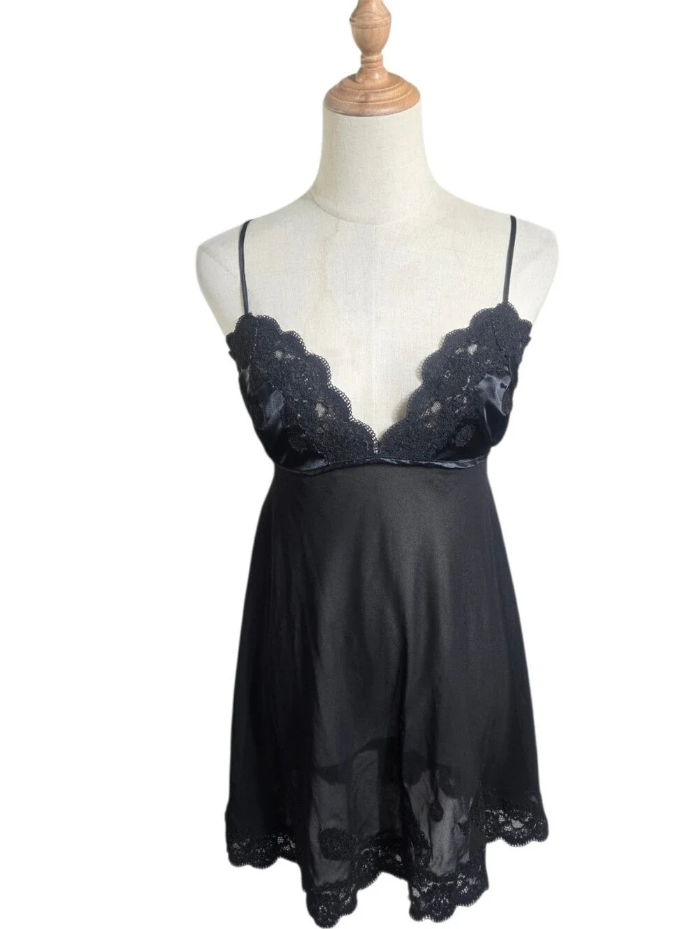 Victoria's Secret Black Lace-Trim Satin Sheer Nightie